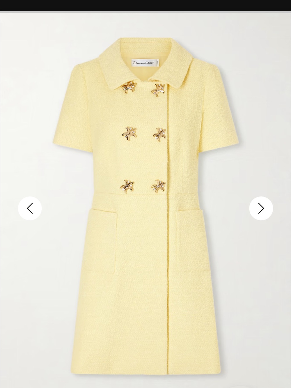 Oscar de la Renta Pale Yellow Short-Sleeve Tweed Dress with Gold Buttons